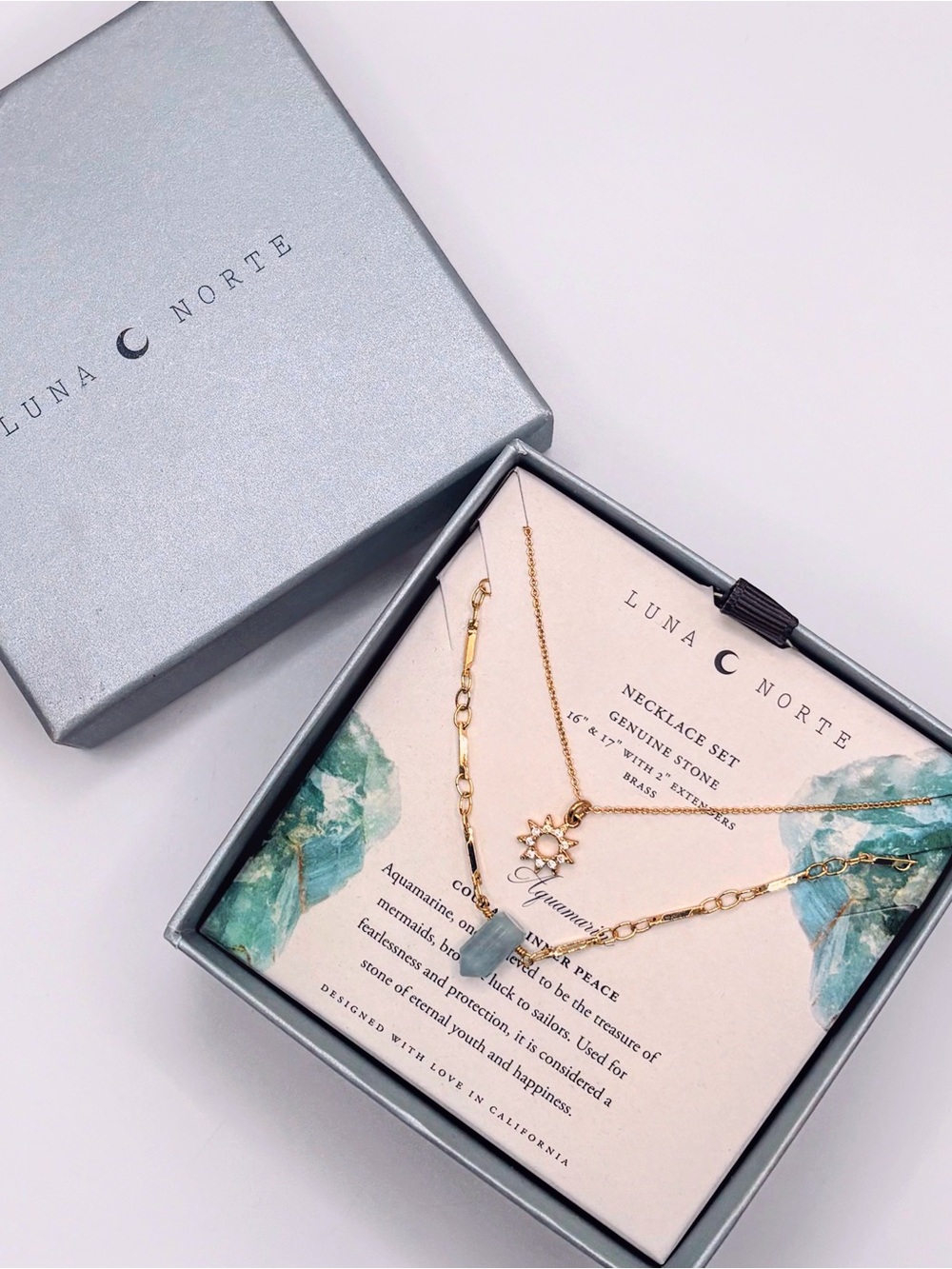 Luna Norte Gold Layered Necklace Set — Gold Double Chain with Aquamarine Pendant